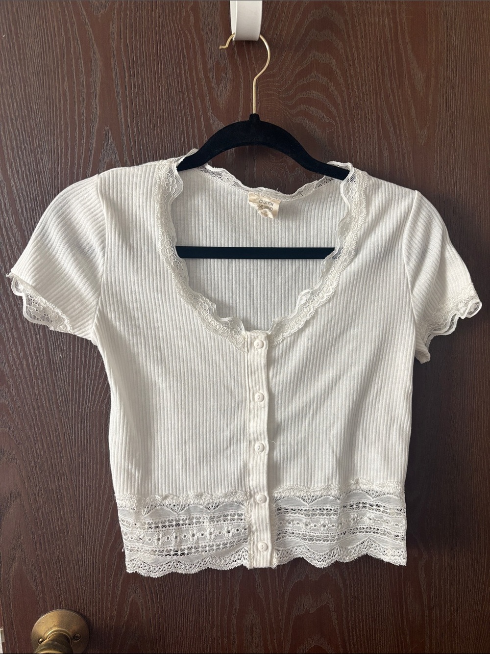 Caution To The Wind White Ribbed Lace-Trim Button Crop Top